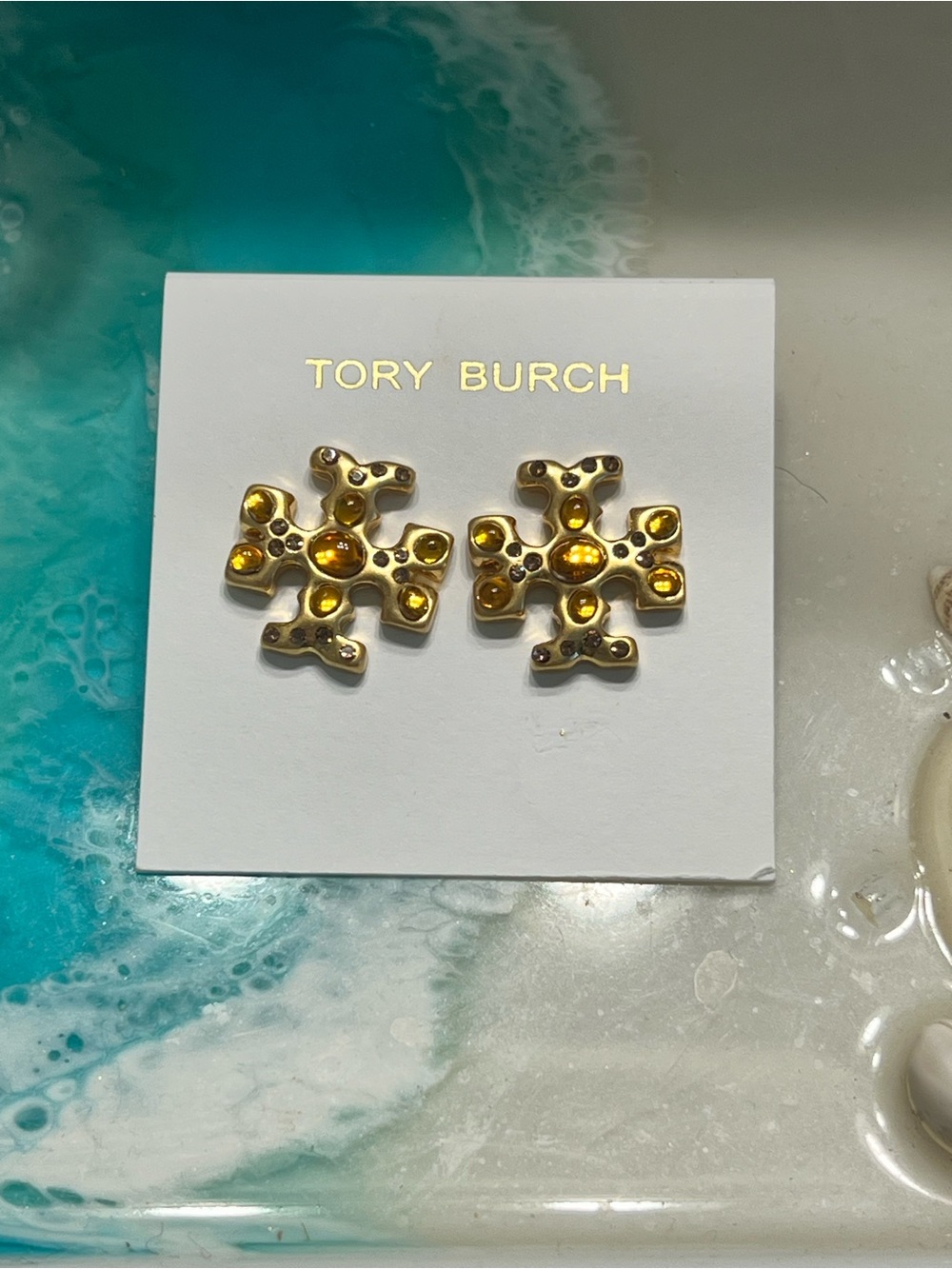 Tory Burch Gold Logo Stud Earrings with Amber Accents- NWT